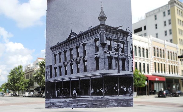 black and white photo of 1905 building held over color photo of the same place today