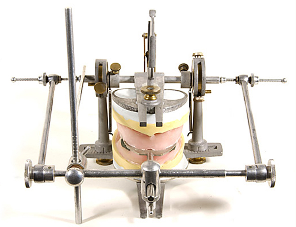 Anterior view of articulator and facebow with T attachment