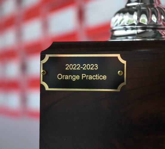 Orange Practice's 2022-23 plate on the Dentistry Digital Dentistry Practice of the Year trophy. This is the first on the new trophy, which was updated after Ivoclar had a company name change.