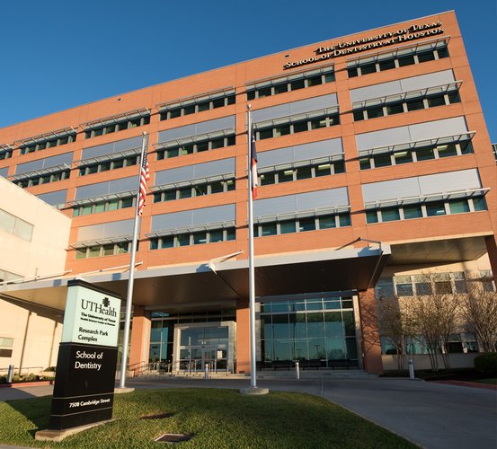 Exterior of UTHealth Houston School of Dentistry. The dental school is located on the corner of Cambridge Street and East Road.