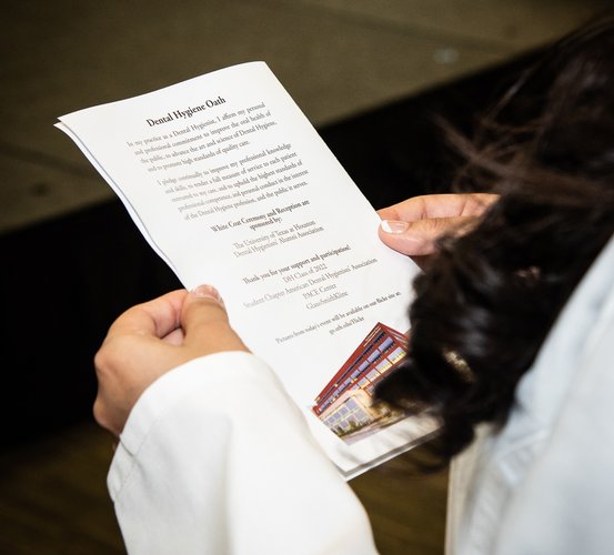 UTHealth Houston School of Dentistry recognized over 60 students from the Dental Hygiene Classes of 2022 and 2023 during two white coat ceremonies in early February.