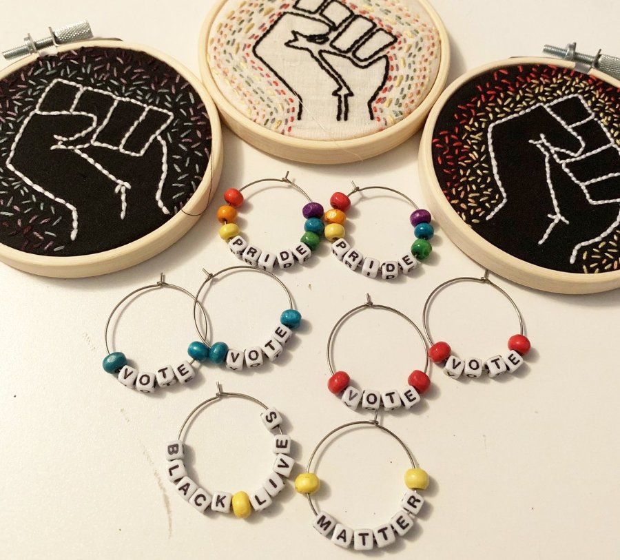 Embroidery hoops and statement earrings made by Andrea 