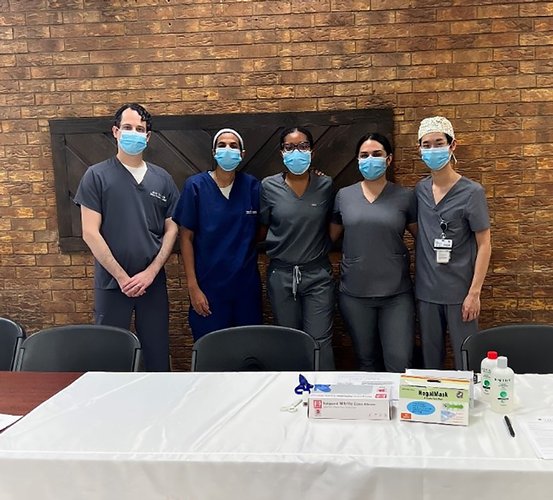 “Community Back to School” participants (from left): Dr. Aaron Glick; Jamila Raja, College of Osteopathic Medicine student; and dental students Dominque Angibeau, Elissa Guerra, and Ryan Le.