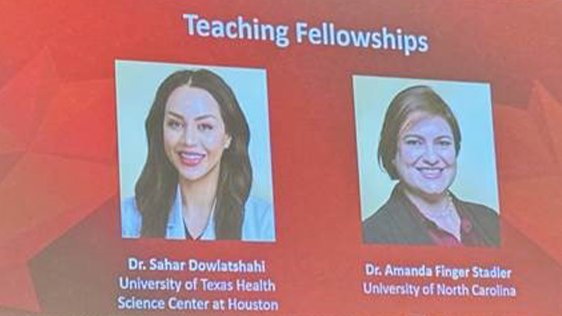 Slide titled “Teaching Fellowships” listing Dr. Sahar Dowlatshahi from UTHealth Houston and Dr. Armando Frege Soares from University of North Carolina.