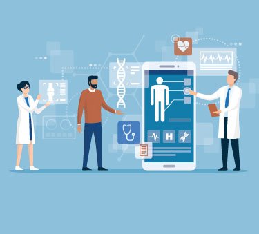 Assorted health images, such as DNA strand, EKG report, stethoscope, a smartphone showing a health app, two scientists in white coats and one man in jeans and sweater