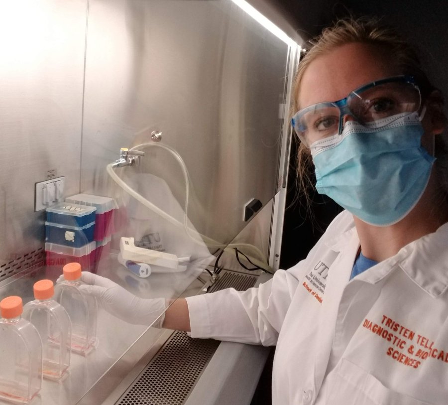 Tristen Tellman, a graduate research assistant in Dr. Cindy Farach-Carson’s lab, is part of a skeleton crew checking experiments and maintaining labs for UTSD researchers during the COVID-19 pandemic.