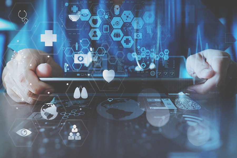 Collage of health care worker holding tablet computer, overlaid with icons representing science and medicine