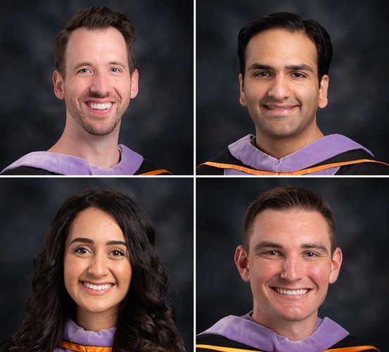 Dental Class of 2021 officers (clockwise from top left): Chad Abrams, president; Haider Imran, vice president; Robert Nelson, treasurer; and Sara Rafail, secretary.