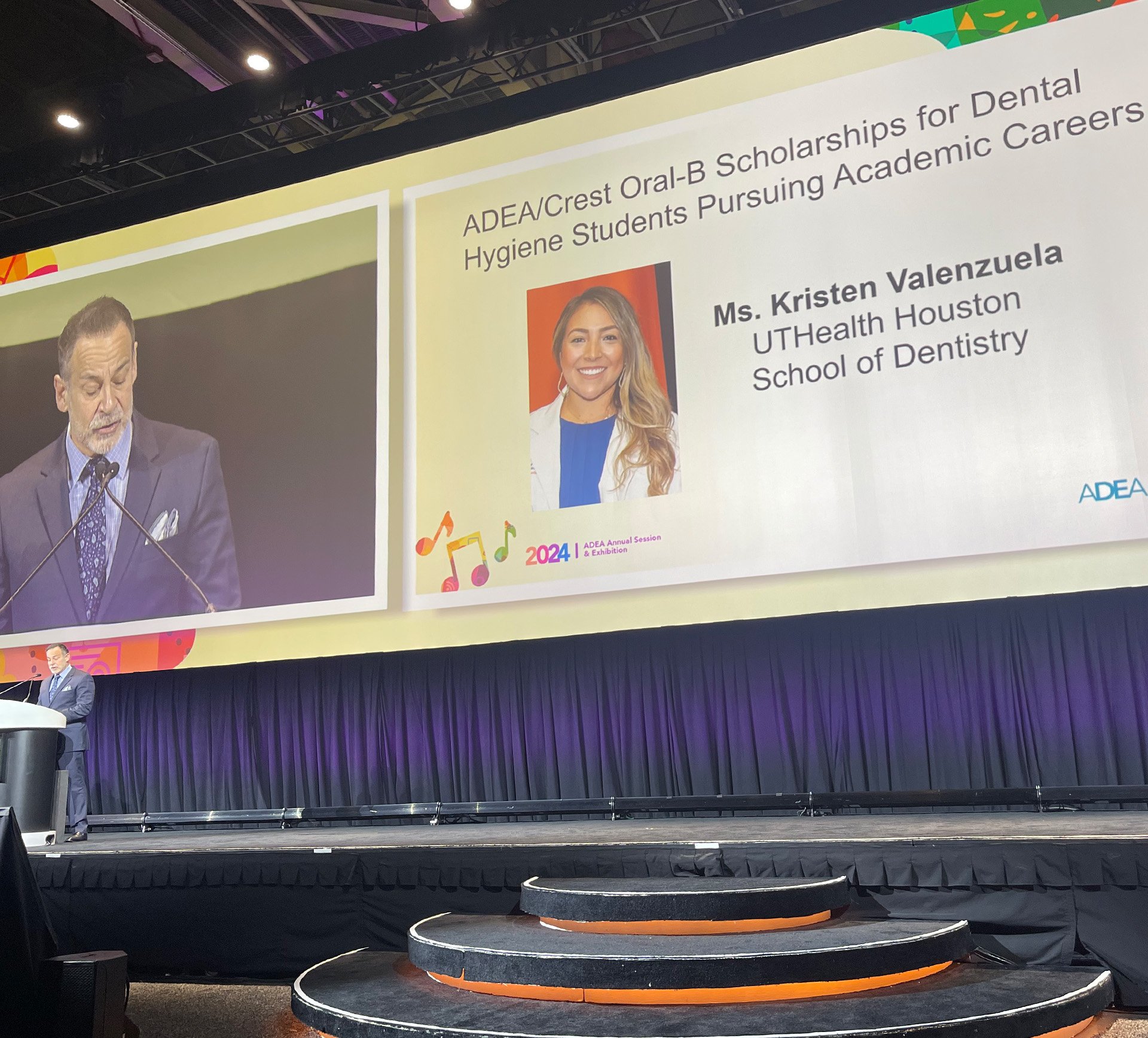 Kristen Valenzuela, MSDH candidate, announced as a the 2024 recipient of the ADEA/Crest Oral-B Scholarship for Dental Hygiene Students Pursuing Academic Careers, one of two scholarships she received at the ADEA Annual Session.