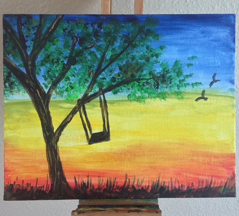 Attendees illustrated a swing hanging from a tree at sunset during Houston ASDA’s online, paint-with-a-twist event.