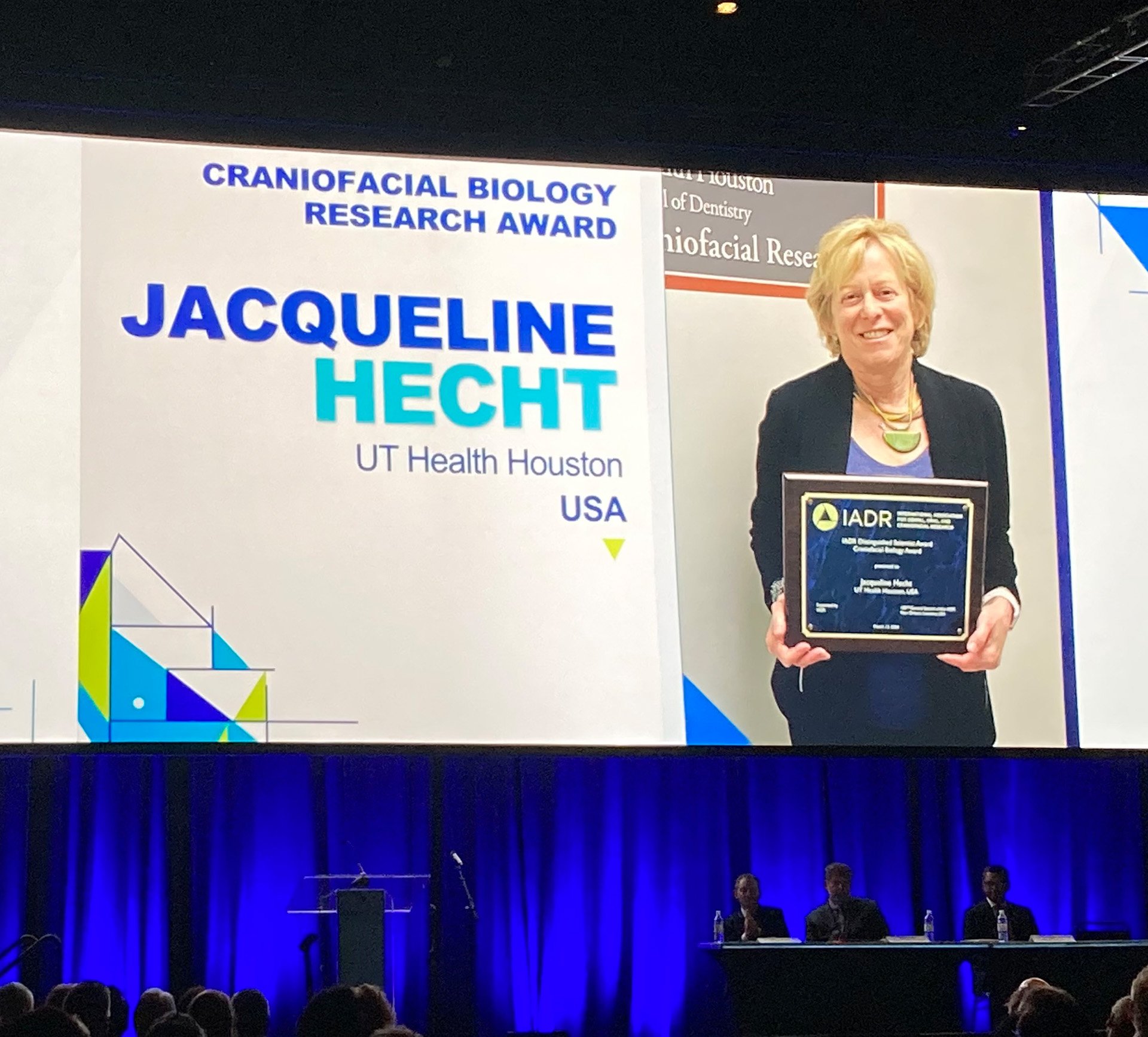 Dr. Jacqueline Hecht’s 2024 Distinguished Scientist Award in Craniofacial Biology Research was recognized during the Opening Ceremonies of the 102nd General Session of the International Association for Dental, Oral, and Craniofacial Research.