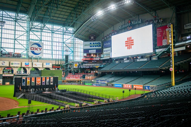 Stage setup from the 2021 UTHealth Houston Commencement Ceremony.