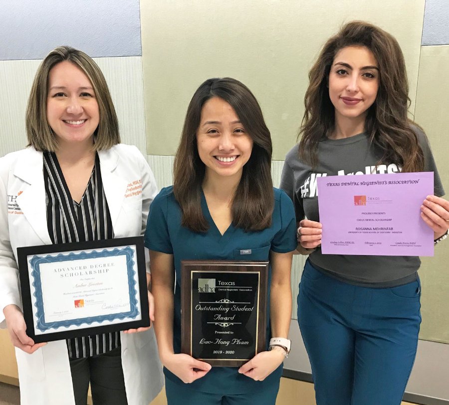Holding their TDHA awards (from left) are Assistant Professor Amber Lovatos, RDH, BSDH; “Outstanding Student” in Texas Lac Hong Pham; and scholarship winner Rosanna Mehrinfar. Kristin Valenzuela is not pictured.