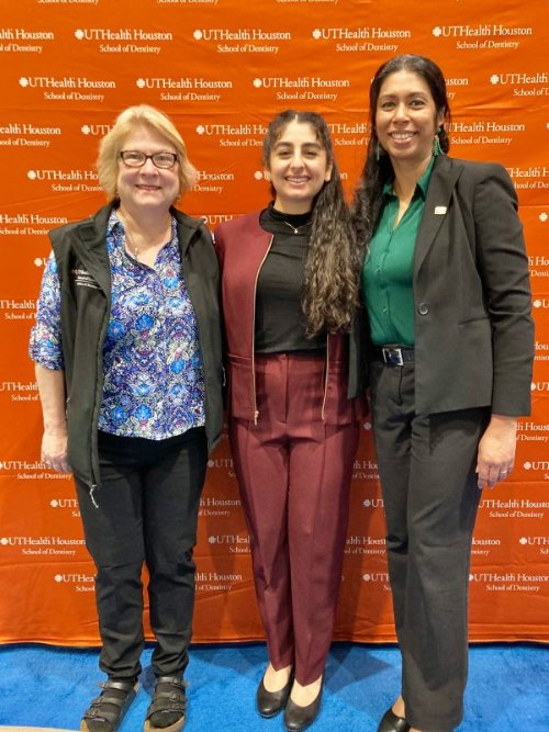 Third-year dental student Nour Hilal (middle) was named the Basic Science Category winner at the AADOCR National Student Research Group 411 Rapid Research Competition.
