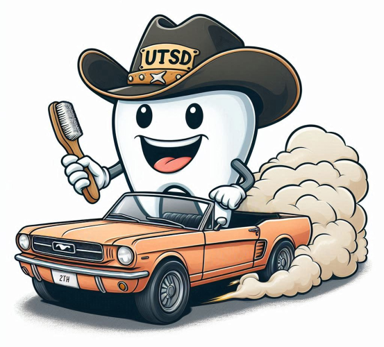 Animated graphic of a tooth with a cowboy hat driving a car.