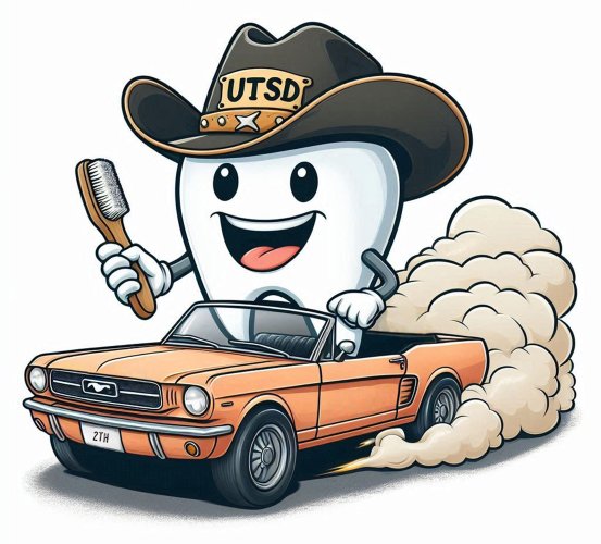 Animated graphic of a tooth with a cowboy hat driving a car.