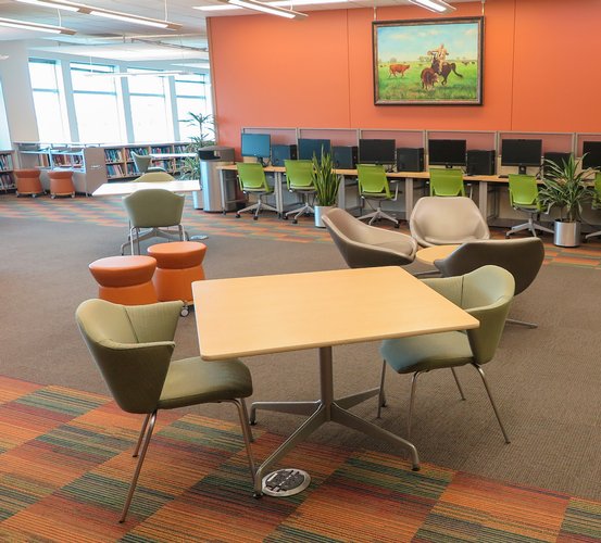 Front space of Library and Learning Commons shows additional seating with removal of bookstacks.