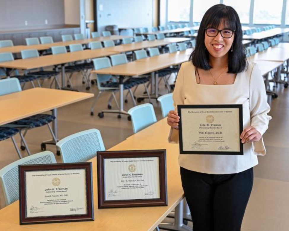 Dr. Vuvi Nguyen has received the John H. Freeman Award for Faculty Teaching three times, winning the honor in 2018, 2020, and 2024.