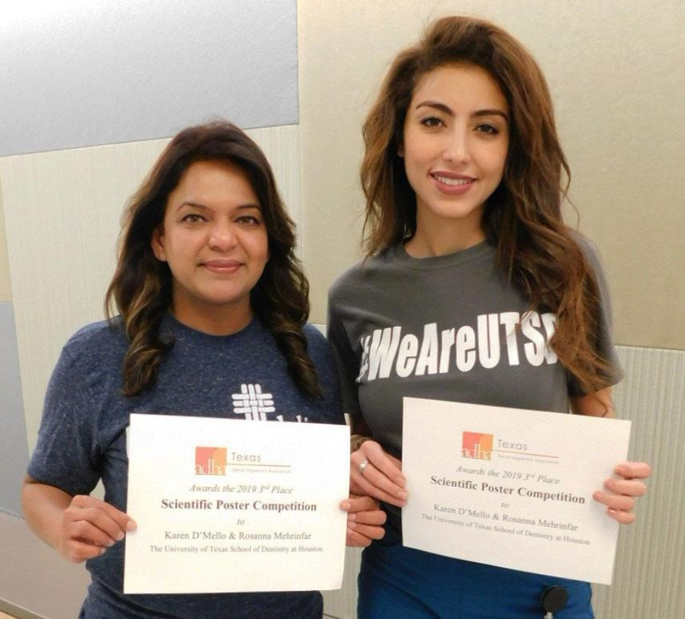 UTSD dental hygiene students Karen D’Mello (left) and Rosanna Mehrinfar placed third in the TDHA’s scientific poster competition.