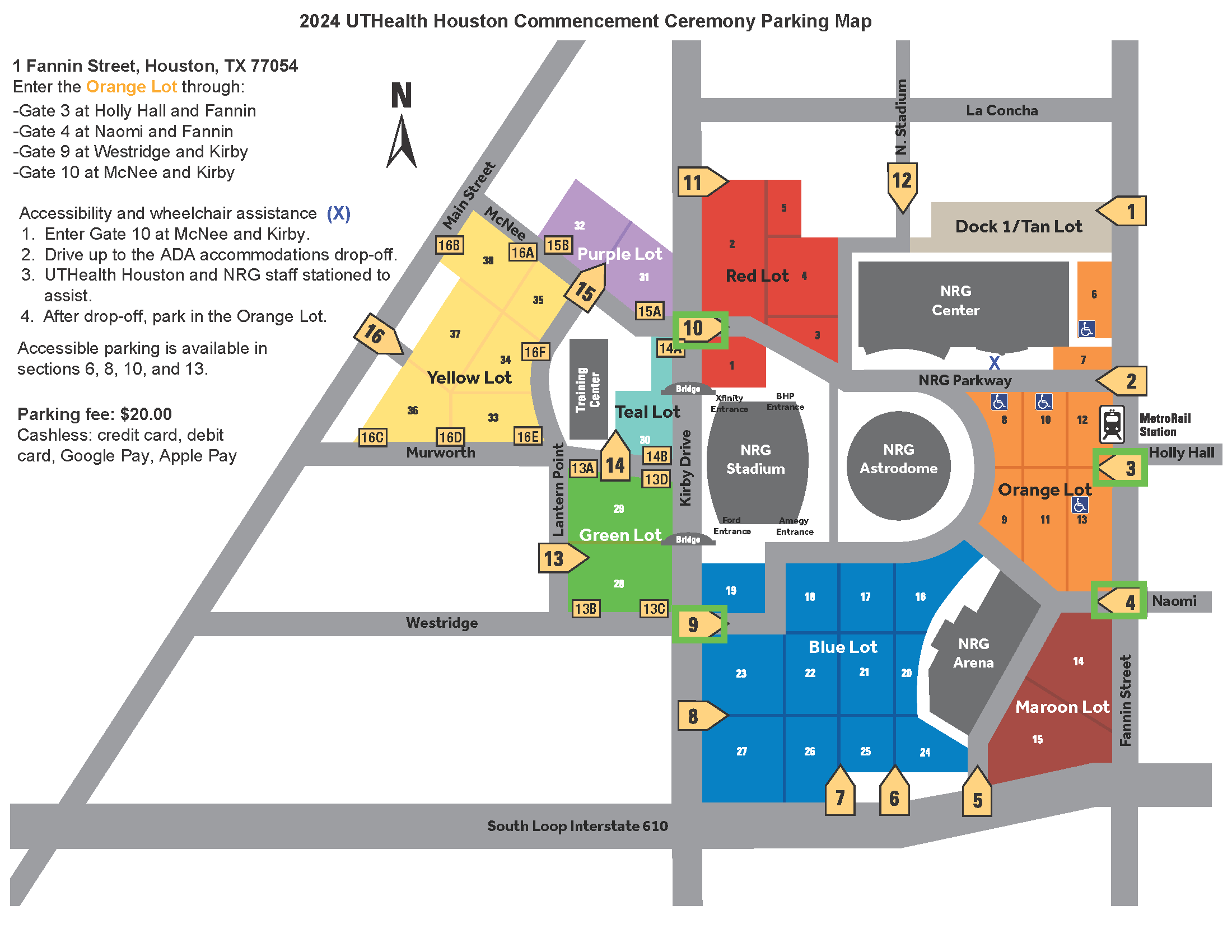 Map of NRG Park for 2026 UTHealth Houston Commencement parking. Use Orange Lot via Gates 3, 4, 9, or 10; ADA drop-off at Gate 10. Lots shown: Yellow, Purple, Red, Green, Teal, Blue, Maroon. NRG Stadium and Astrodome centered; gates 5–16 marked with routes and fees noted.